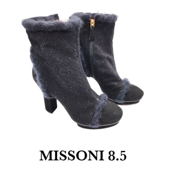 NWOB Missoni Womens black tweed fabric upper platform booties Sz 8.5 - Picture 1 of 13